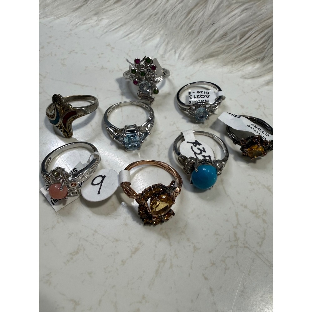 Lot of 8 Fashion Rings 925 Silver Turquoise Citrine Blue Stone Boho Statement